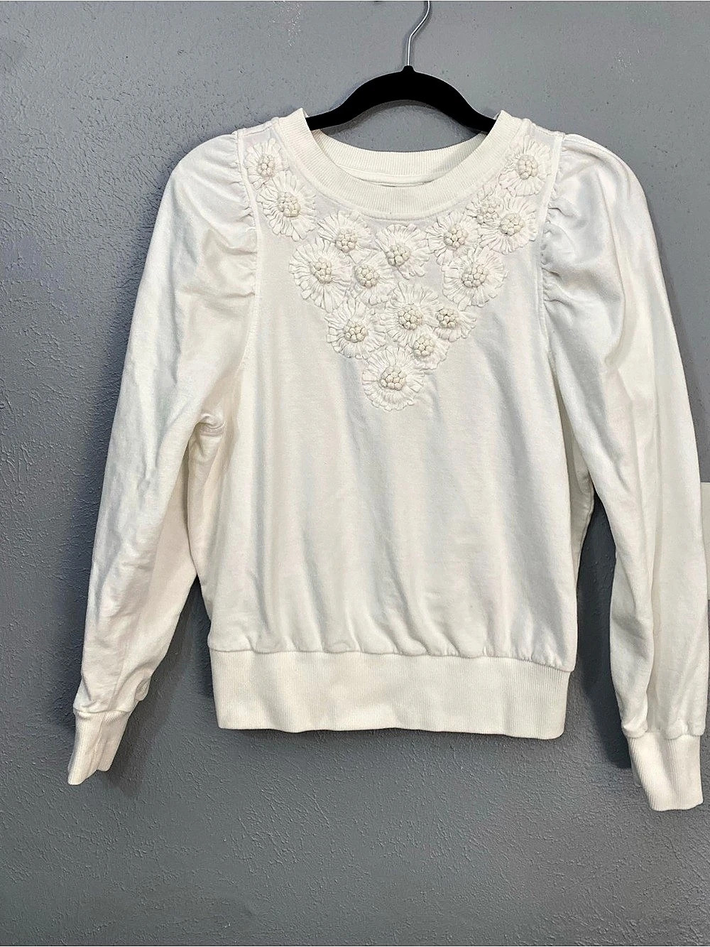 Anthropologie By Anthropologie Embroidered Puff-Sleeve Sweatshirt White Medium - Picture 3 of 5